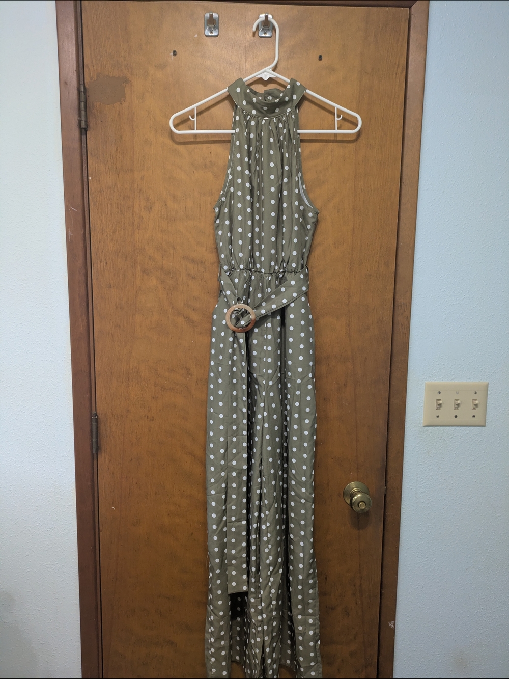 1960s Inspired Sleeveless Olive Green Polka Dot Maxi Jumpsuit with Belt